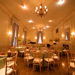 The Drawing Room seats up to 100 guests for dinner, and connects to the Library for additional seating.