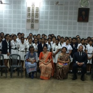 Lindsay Amini and Greg Pardo, Assistant Public Affairs Officer, with high schoolers at the La Martíníere School for Girls in Kolkata