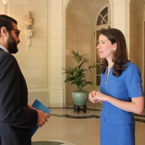 Ambassador of Afghanistan Hamdullah Mohib speaks with Deputy Chief of Protocol Natalie Jones.