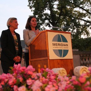 Julia Santucci, Senior Advisor in the Office of Global Women’s Issues offers remarks in the Meridian garden.