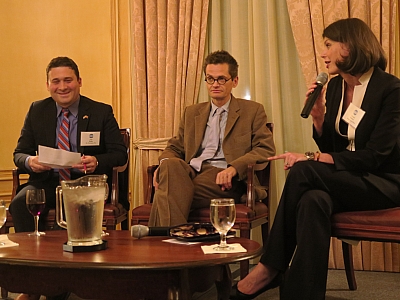 Rising Leaders Council member Miriam Mahlow (right) moderates a conversation with journalists Josh Rogin (left) of The Washington Post and David Rennie (center) of The Economist.