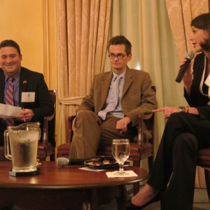 Rising Leaders Council member Miriam Mahlow (right) moderates a conversation with journalists Josh Rogin (left) of The Washington Post and David Rennie (center) of The Economist.