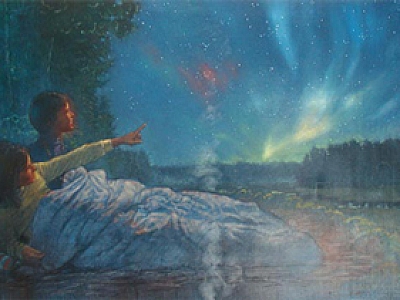 This is Our Land - MINNESOTA Bill Farnsworth Aurora Borealis Northern Lights Mississippi Going North 1996 oil on linen