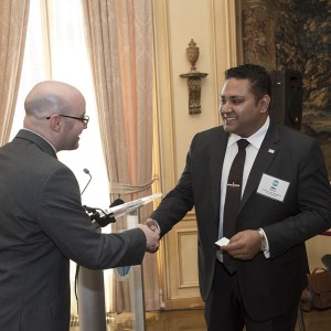 Frank Justice, Vice President of Convening at Meridian International Center, greets Jaljeet Kumar, Second Secretary at the Embassy of the Republic of the Fiji Islands, before kicking off The Digital Finance Future session.