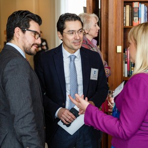 Diplomats Rodrigo Contreras, Head of Economics at the Embassy of Chile, and Enilson Solano, Economic Minister at the Embassy of the Republic of El Salvador, engage with Zoe Dauth, Program Manager at the Council of the Americas, about their overlapping interests within the region of focus for The Digital Finance Future lunch discussion.