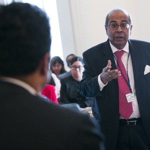Prakash P “PP” Hinduja, Chairman of the Hinduja Group Europe, addresses the RegTech panel, asking which nations will catalyze the innovation in financial regulation and which will sustain it as markets expand and evolve. Photo by Kristoffer Tripplaar.