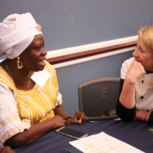 Sierra Leone Minister of Social Welfare, Gender and Children Sylvia Blyden engages with Ambassador Cathy Russell. Amb. Russell led the State Department Office of Global Women’s Issues during the Obama Administration.