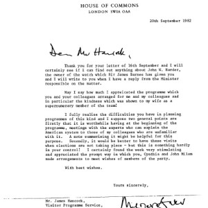 A note of thanks from MP Nicholas Baker to Program Officer Mr. James Hancock – BAPG 1982