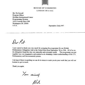 A note of thanks from MP Nick Gibb to Program Officer Ms. Pat Kowall – BAPG 1997