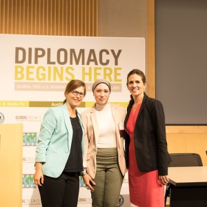 Ms. Riham Adel with Ms. Franzi Rook and Dr. Jennifer Clinton at the Diplomacy Begins Here, Global Ties Regional Summit in Kansas City, Missouri (Photo Credit to nufolk)