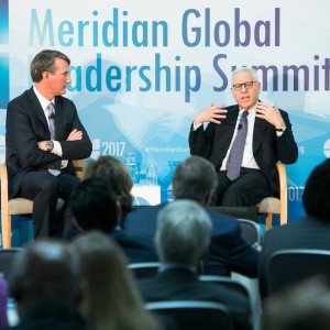 Glenn Youngkin and David Rubenstein of The Carlyle Group discuss the importance of civics in business as more growth opportunities abound overseas. Photo by Kristoffer Tripplaar.