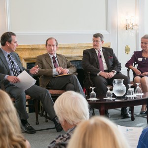 From left, Ambassador Stuart Holliday begins a conversation about the origins of the trilateral alliance formed among the United States, Great Britain, and France at the onset of World War I with experts Dr. Paul Jankowski, Professor of History at Brandeis University, Michael G. Knapp, Director of Historical Services for the American Battle Monuments Commission, and Dr. Monique Seefried, Commissioner of the U.S. World War I Centennial Commission.