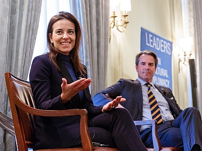 The Honorable Dina Powell engages in a discussion about women’s empowerment, global entrepreneurship, and national security with Meridian President and CEO, Ambassador Stuart Holliday.