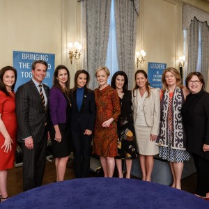 (from the left) Natalie Jones; Heather Florance; Meridian President and CEO, Ambassador Stuart Holliday; Gwen Holliday; The Honorable Dina Powell; The Honorable Ann Stock; Tracy Bernstein; Lee Satterfield; Michele Manatt; Janet Blanchard, and The Honorable Ann McLaughlin Korologos