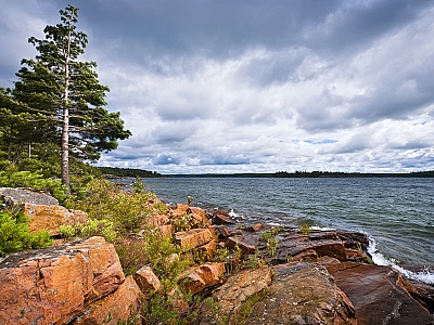 Rocky lake shore of Georgian Bay in Killbear provincial park near Parry Sound, Ontario, Canada.