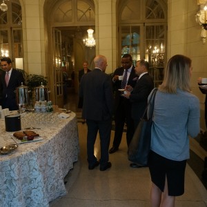 Global Business Breakfast attendees gather in the Meridian House loggia following Deputy Assistant Secretary Yon’s remarks. Photo by Megan Devlin.