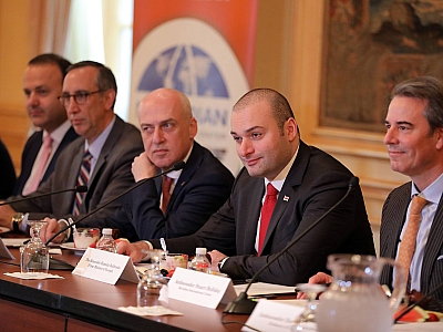 Prime Minister Mamuka Bakhtadze, Foreign Minister of Georgia David Zalkaliani, and Ambassador Holliday listen to questions posed by attendees.