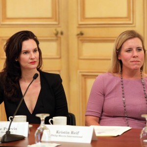 Shellie Purvis, Senior Vice President of Cogent Strategies, and Kristin Reif, Director of Government Affairs at Philip Morris International, listen intently to Prime Minister Bakhtadze’s remarks on the state of trade in Georgia.