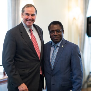 His Excellency Frederic Edem Hegbe of Togo poses with OPIC President and CEO Ray Washburne following the fireside chat. Photo by James O’Gara.