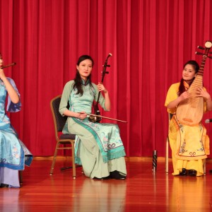 Artists performing traditional Chinese music with the Dizi (or bamboo flute), the Erhu (or Chinese violin) and the four-stringed Pipa