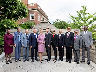 (Left to right): Her Excellency Yolande Smith (Ambassador of Grenada), Her Excellency Lone Dencker Wisborg (Ambassador of Denmark), His Excellency Dr. Asad Majeed Khan (Ambassador of Pakistan), His Excellency Dr. Bolot Otunbaev (Ambassador of Kyrgyzstan), The Honorable Ann Stock (Vice Chair, Meridian Board of Trustees), The Honorable Stuart W. Holliday (President and CEO, Meridian International Center), Her Excellency Rosemary Banks (Ambassador of New Zealand), His Excellency Marios Lyssiotis (Ambassador of Cyprus), His Excellency Chum Sounry (Ambassador of Cambodia), His Excellency Dato’ Azmil Bin Mohd Zabidi (Ambassador of Malaysia), and Ambassador George S. W. Patten, Sr. (Ambassador of Liberia). Photo: Jessica Latos