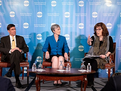 (Left to right): Secretary Mark Esper, Secretary Heather Wilson and Ms. Barbara Starr discuss modernization and priorities of the U.S. armed forces | Photo by Jessica Latos