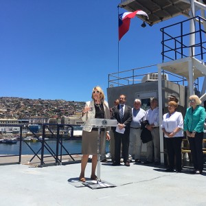 Margaret Leinen speaks on ship deck