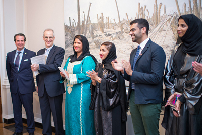 Ambassador Stuart Holliday, Dr. Curtis Sandberg, Artists Noor Al Suwaidi, Zeinab Al Hashemi, Khalid Mezaina and Maitha Al Mehairbi. Photo by Nick Khazal. 