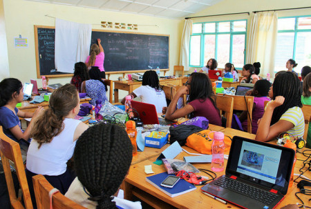 An Intel trainer reviews programming language with the WiSci campers.