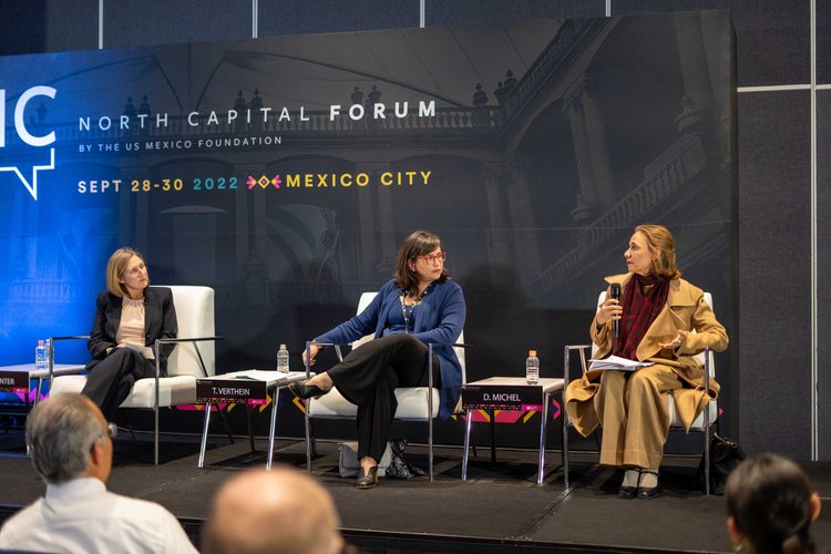 (Left to Right): Rachel Poynter, Deputy Assistant Secretary for Mexico and Canada, Bureau of Western Hemisphere Affairs, Department of State; Teresa Verthein, Head of Government Affairs - Mexico, Colombia, and Central America, Salesforce; and Daniela Michel, Founding Director, Morelia International Film Festival at the North Capital Forum in Mexico City, Mexico.