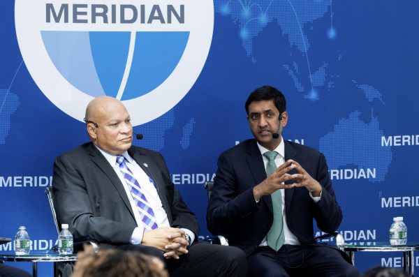 Maynard Holliday, Deputy Chief Technology Officer for Critical Technologies, U.S. Department of Defense and Congressman Ro Khanna (D, CA-17), in conversation during the Responsible Innovation in the age of A.I. panel at the Meridian Summit.