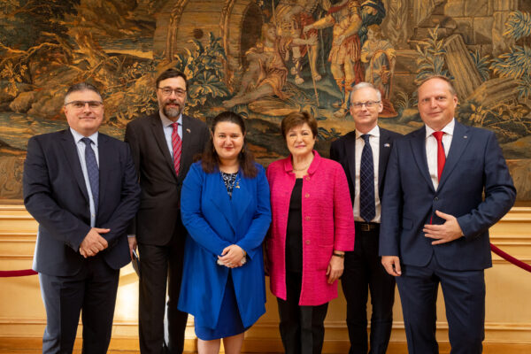 Five ambassadors pose for a photo with Georgieva