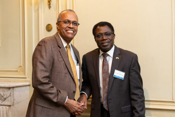 His Excellency Francisco Campbell, Ambassador of Nicaragua, and His Excellency Etoundi Essomba, Ambassador of Cameroon, pose for a picture before an Insights@Meridian program at Meridian House in Washington, D.C. on July 26, 2023. Photo by Jess Latos.